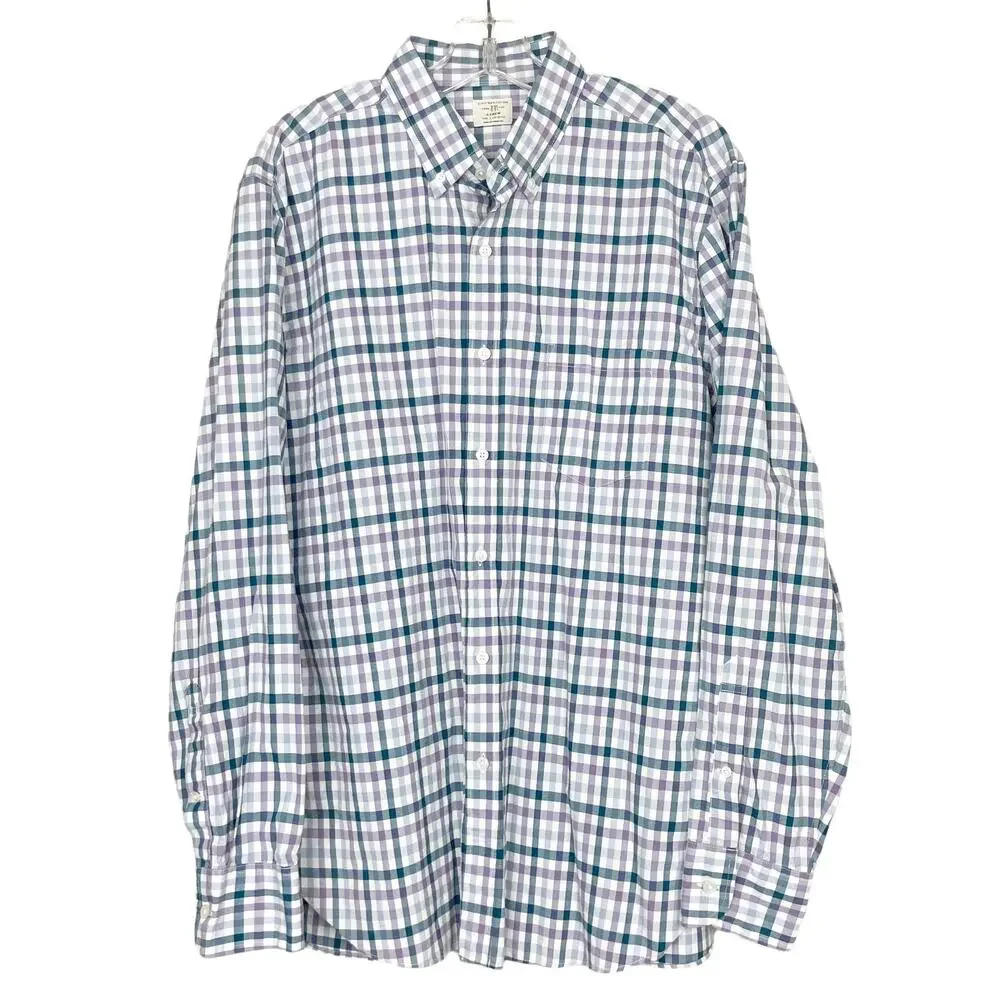 J. Crew White Purple Gray Plaid Long Sleeve Button Down Sz L